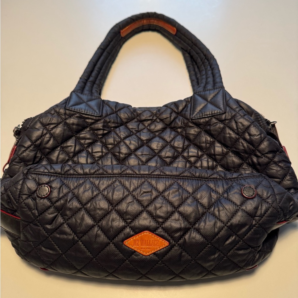 MZ Wallace Black Quilted Shoulder Bag with Brown Trim
